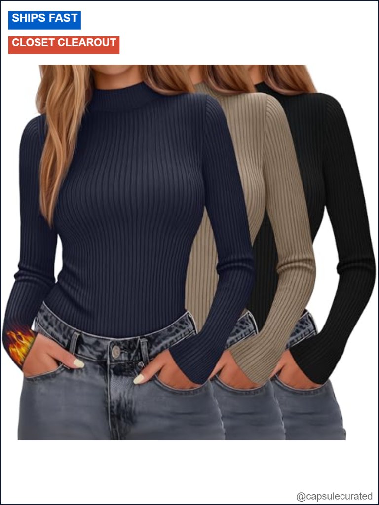 3 Pack Mock Neck Thermal Tops Long Sleeve Cotton Ribbed Knit Slim Fit Base Layer